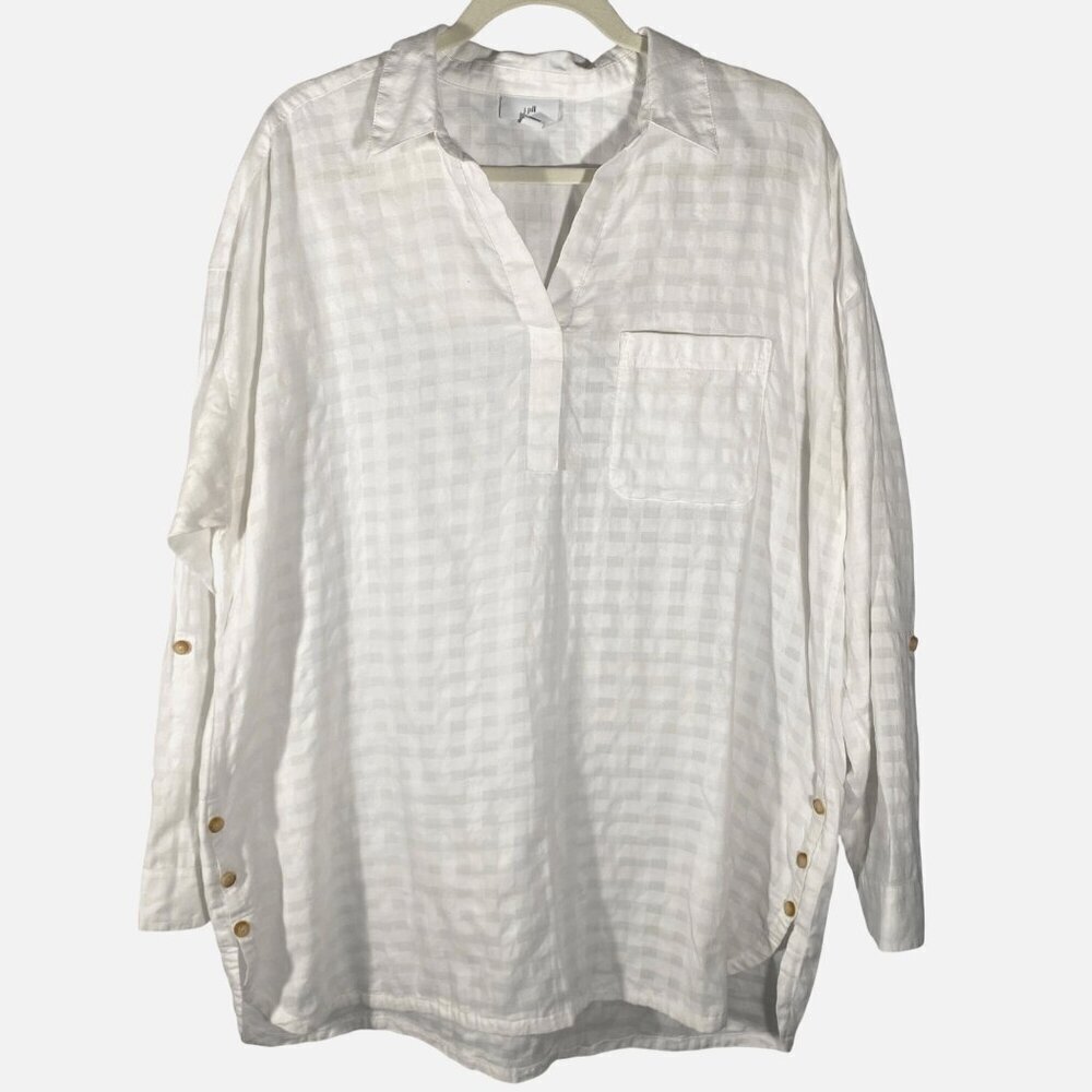 J.Jill White 100% cotton tunic top Textured tab sleeve W/ Side Buttons Size L